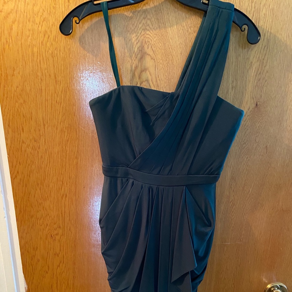 BCBG forest green drape, one shoulder dress.
